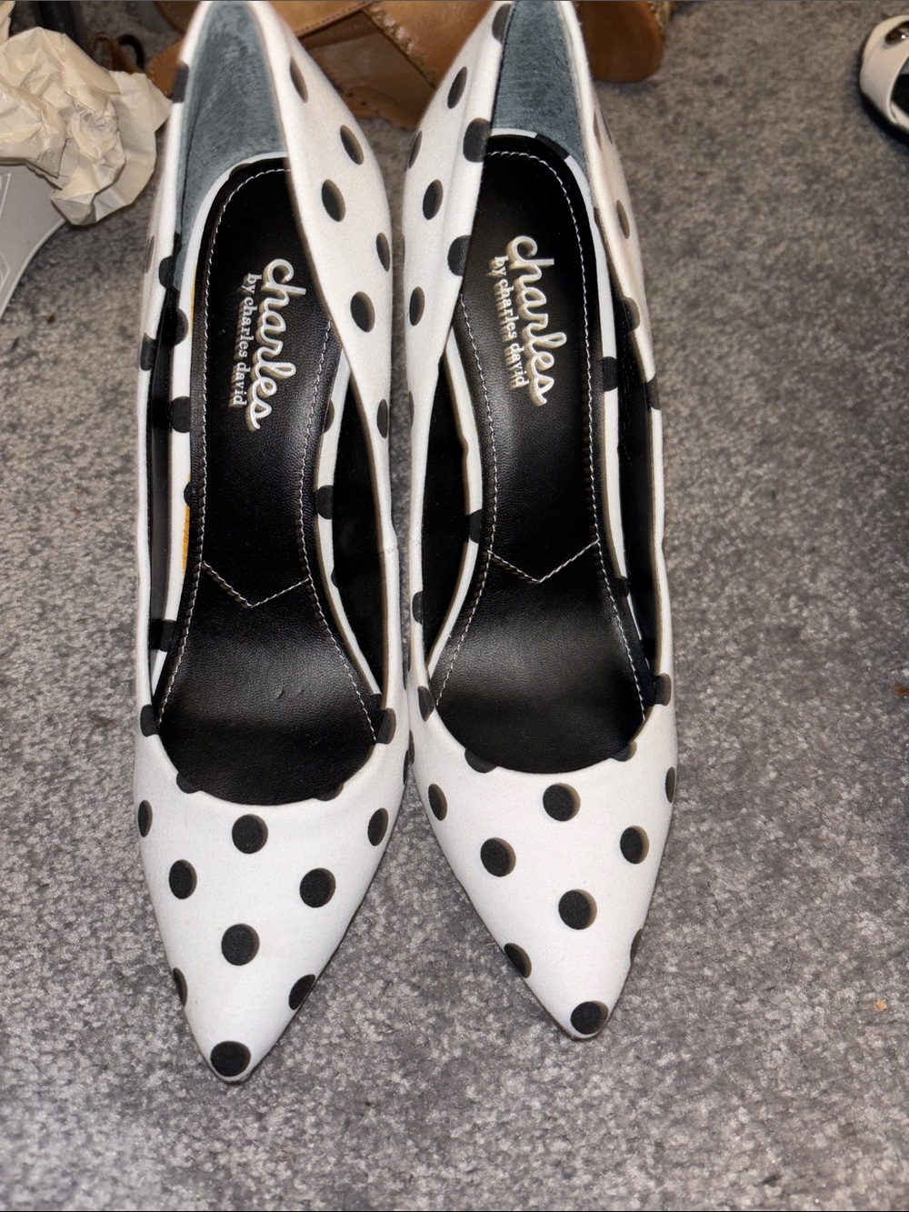Charles by Charles David White and Black Polka Dot Pointed Toe Heels